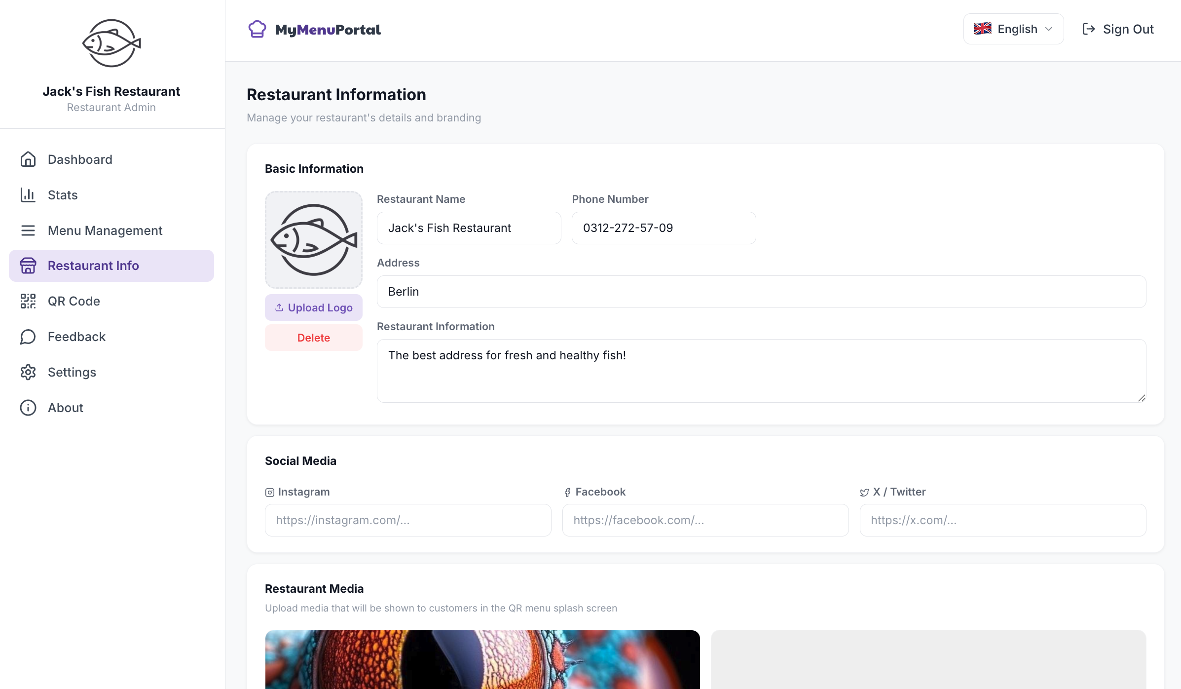 Restaurant Info Settings